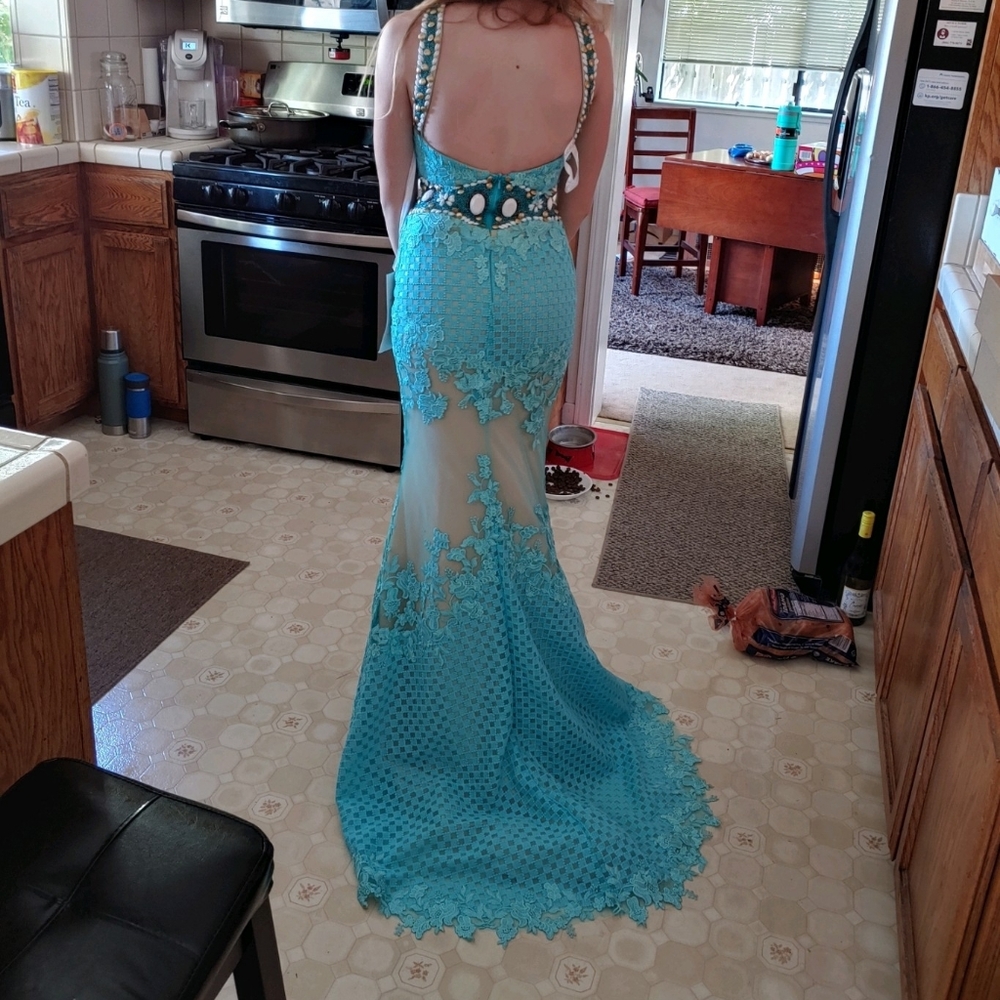 Rachel Allen Aqua Blue lace overlay Mermaid Size 0 - Picture 2 of 5
